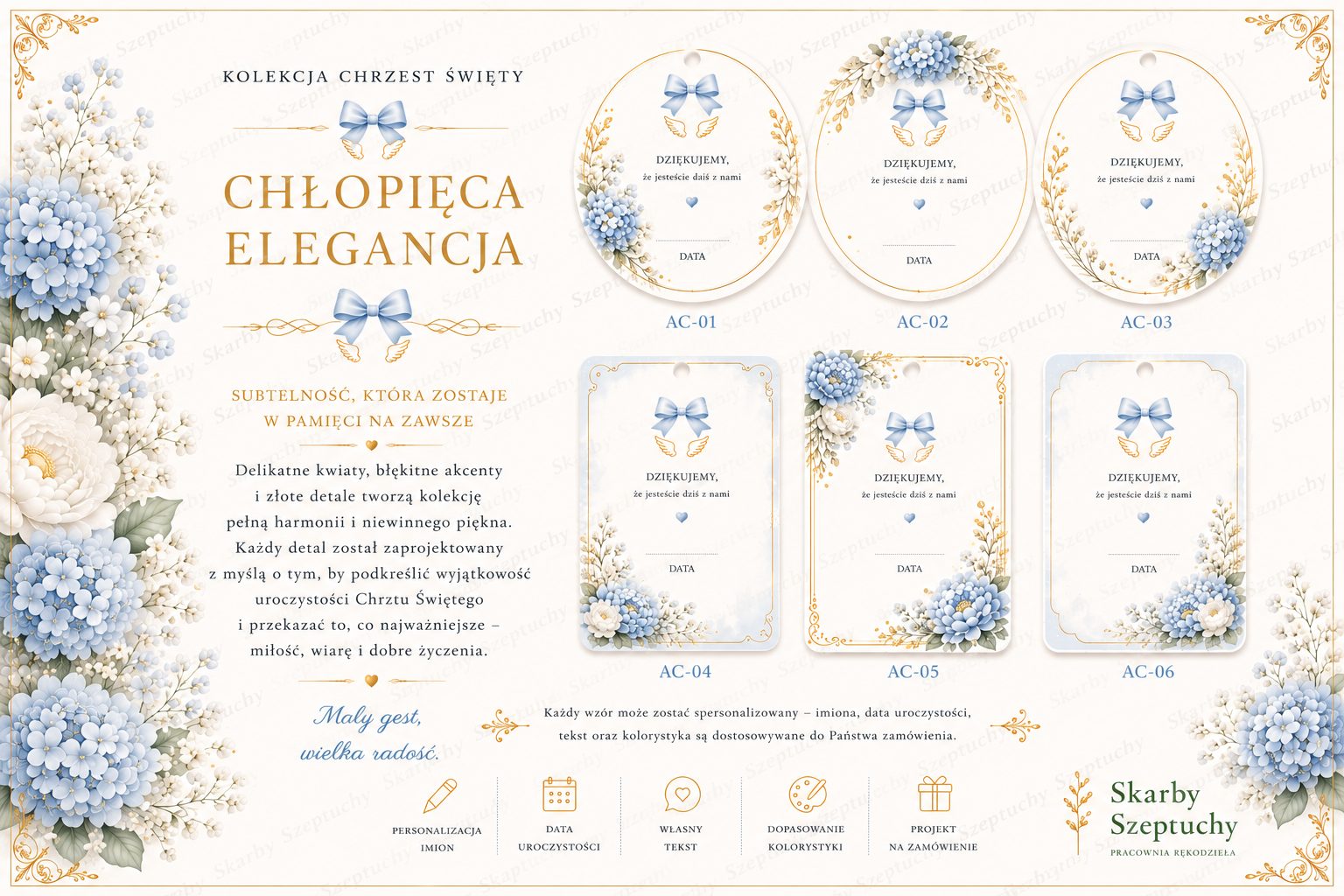 Bileciki na chrzest, wzór Chłopięca Elegancja