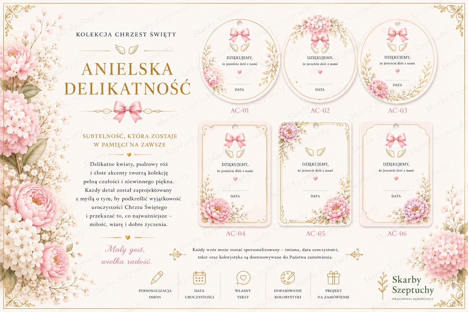 Bileciki na chrzest, wzór Anielska Delikatność