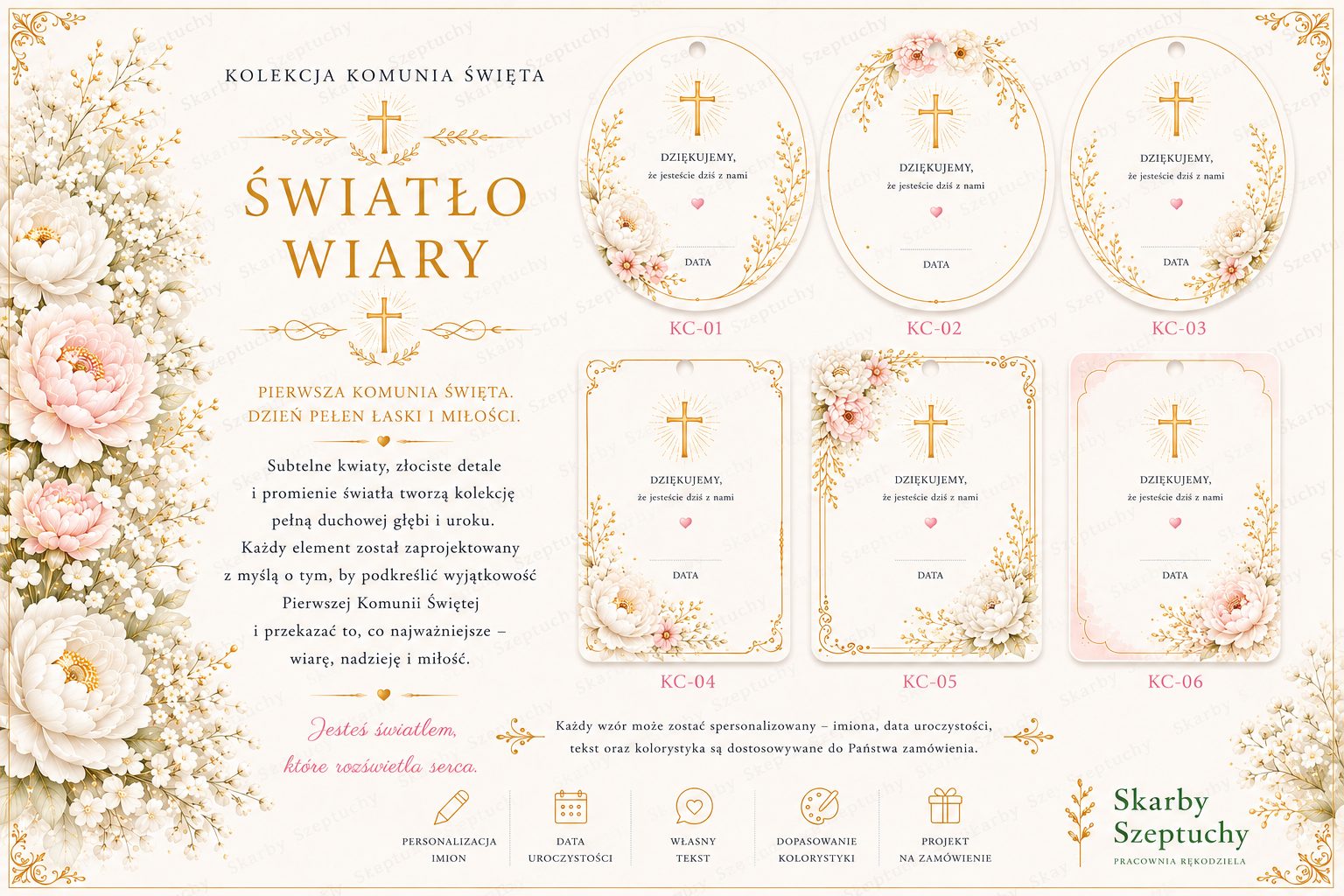 Bileciki komunijne, wzór Światło Wiary